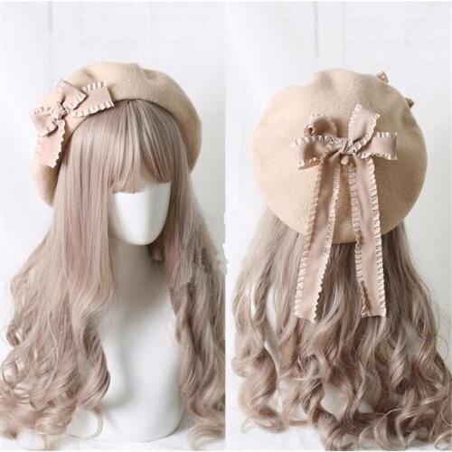 Lolita Beret Kawaii Bowknot Ribbon Painter Hat Vintage Handwork Autumn Winter Warm Flat Cap B1697