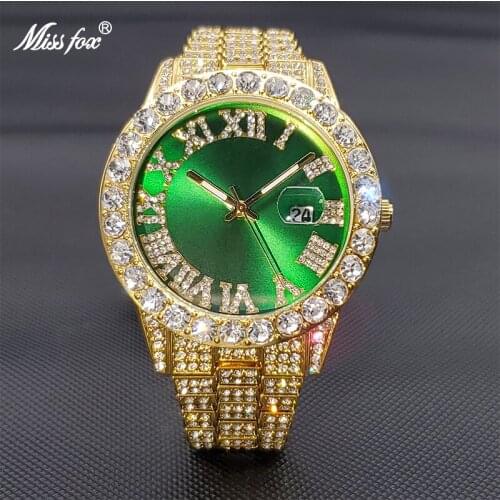 18k Gold Watch for Men MISSFOX Green Dial Luxury Big Diamond Bezel Luminous Hand Quartz Wristwatches Dropshipping New 2021