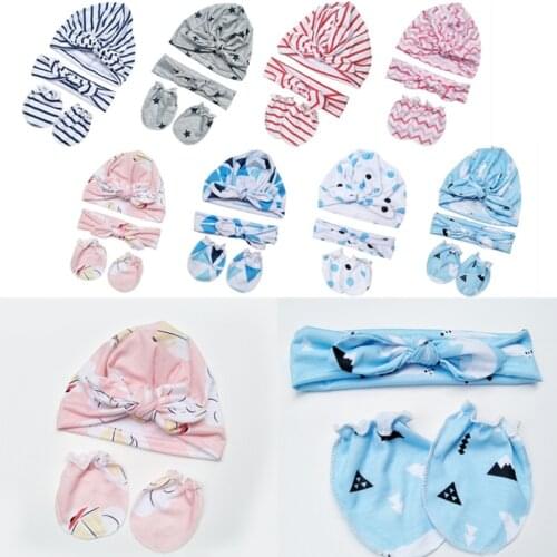 Baby Anti-scratching Gloves Knotted Headband Baby Hat Set Newborn Mittens Hair Band Headwear Baby Bonnet Kit Baby Shower Gifts