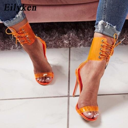 Eilyken Sexy Gladiator Sandals Women PVC Jelly Transparent Sandals Open Toe High Heels Party Lace-Up Women Ankle Strap Sandals