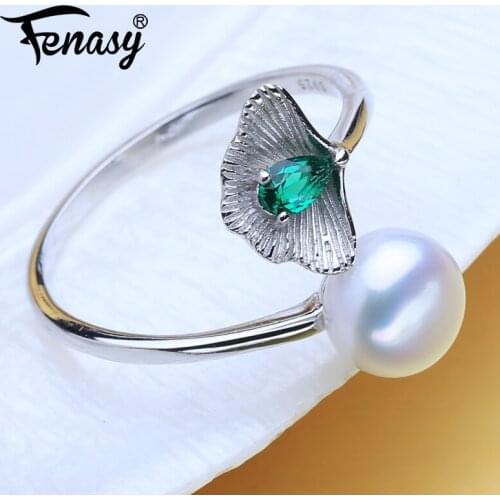 FENASY Trendy Green Stones Shell Shape 925 Sterling Silver Ring With Pearl Genuine Natural Freshwater Pearl Rings For Women