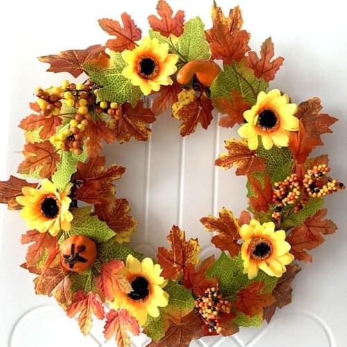 Artificial Wreath Autumn Pumpkin Sunflower Maple Leaves Wreath Party Hanging Pendants for Halloween Thanksgiving Days Christmas