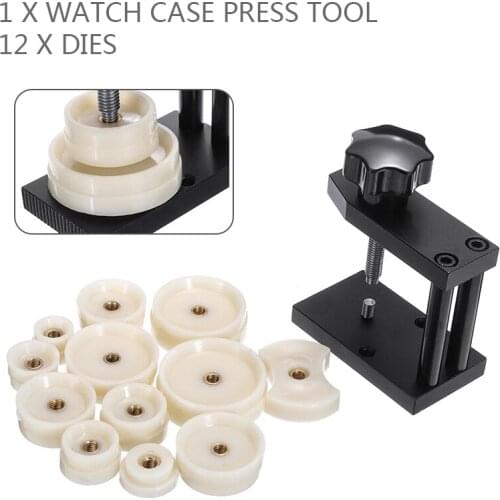 Watchmaker Press Tool Repair Watch Case Kit Back Case Closer With 12 Plastic Dies Durable Metal Watch Case Press Tool Kits