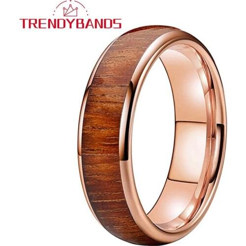 6MM Rose Gold Koa Wood Inlay Tungsten Carbide Rings Wedding Bands For Women Men Domed Polished Shiny Comfort Fit