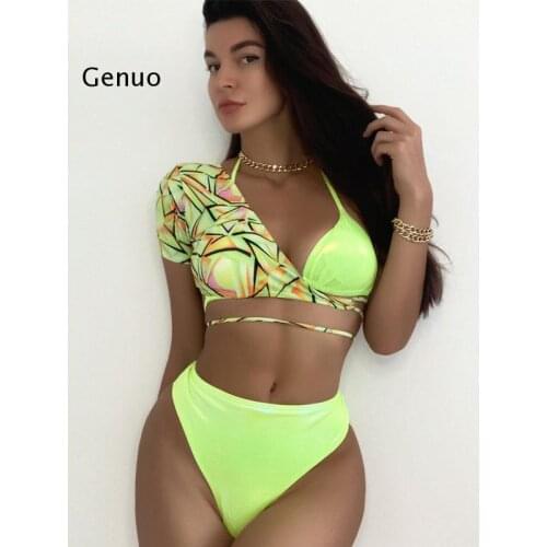 3Pieces Neon Green Swimsuit Women Geometry Print Patchwork Bikini Set String Halter Swimwear High Waist Bathing Suit New