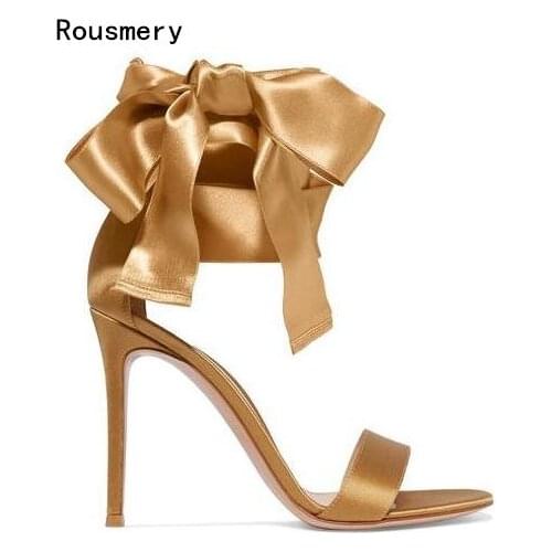 Summer 2017 New Arrival Women Fashion Gold/Black Silk Open Toe Lace Up Big Bow Know Butterfly High Heel Dress Sandals Shoes