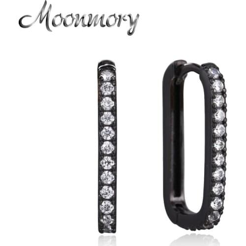 Moonmory 100% 925 Sterling Silver Rectangle Huggie Hoop Earrings For Women Clear Zircon Wedding Party Jewelry European Fashion