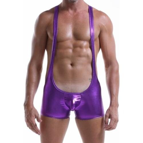 Men Sexy Jumpsuits PU Leather Lingerie Erotic Bodysuits Boxer Bugle Pouch One Piece Wrestling Catsuit Gay Bondage Undershirts
