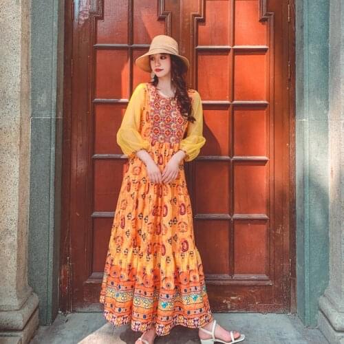 Summer New Orange Red Medium Long Net Embroidery Stitching Thai National Style Indian Dress Retro Fashion Long Skirt Kurti Kurta