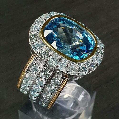 New Current Gold Color Edge Plated Ring Luxury Sea Blue Zircon Charm Fashion Nobility Women Engagement Ring Jewelry