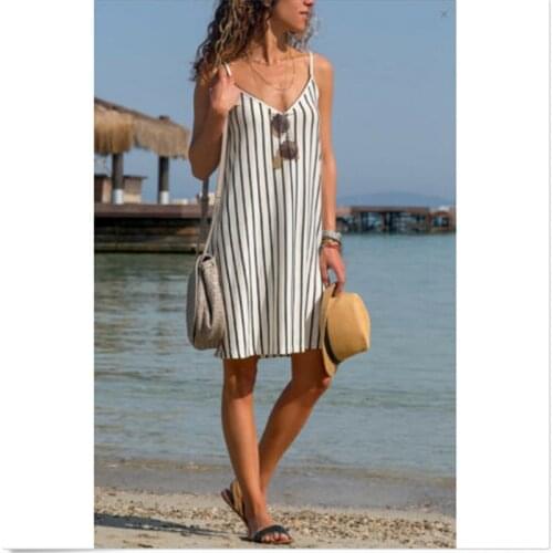 Fashion Summer Dress NEW Women Sleeveless Stripe V Neck Strappy Summer Slip Short Mini Loose Sundress Summer Beach Dress