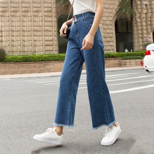 Casual Women High Waist Straight Wide Leg Loose Denim Pants Jeans Ninth Trousers