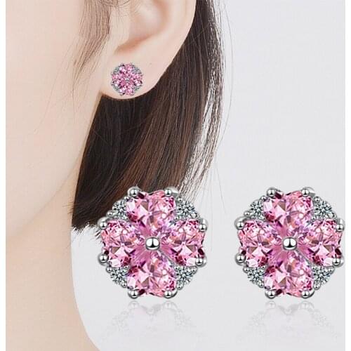 Pink Flower 5A Cubic Zirconia Stud Earrings High Quality Fashion Silver Color Earrings Party Accessories Jewelry Gifts For Women