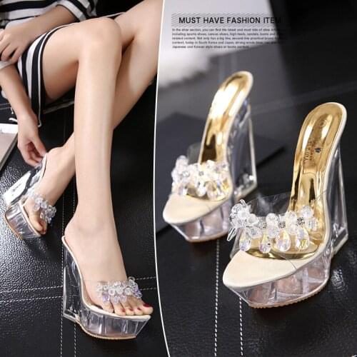 Crystal Glass Diamond Transparent High Heels Women Sandals Platform Wedge Summer Sexy All-match Super High Heel Office Pumps