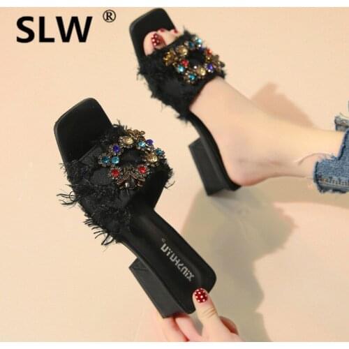 Square heel Slides summer Crystal Med Rubber Silk Fashion slipper women rhinestone Toe rubber modis sandals woman slides lady
