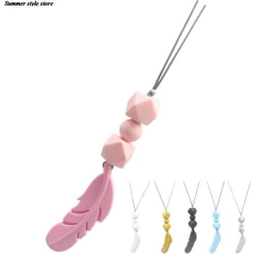 Silicone Teether Chewing Molar Stick Teething Necklace Baby Bite Beads Feather Pendant Nursing Necklace Jewelry
