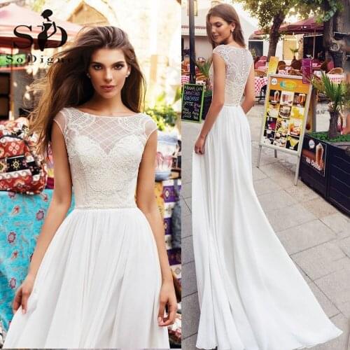 SoDigne Dubai Beach Wedding Gowns Lace Appliques Scoop Cap Sleeves Vintage Bridal Gowns Wedding Party Dress
