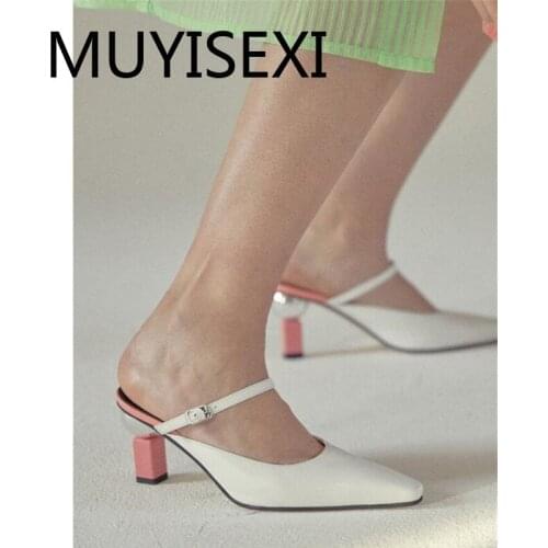 Mules women spring summer natural leather square toe 7cm high heel beauty lady buckle straps simple shallow pumps HL238 MUYISEXI