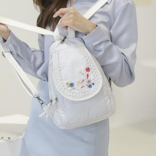 Vintage Women Backpack Good Quality Soft Leather Backpacks for Teenage Girl White Chest Shoulder Bag Embroidery School Back Pack