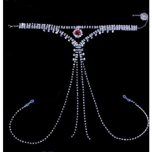 Red Rhinestone Crystal Sexy Tassel Body Chain Luxury Nipple Ring Bra Thong Panties Set Underwear Body Jewelry Accessories