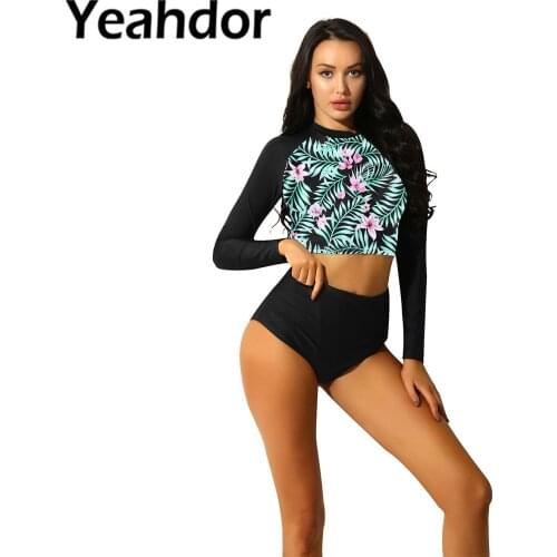 Women Two Piece Swimwear Swimsuit Long Sleeve Scoop Neck Floral Printed Tie String Top High Waist Tankini Bottom Bathing Suits