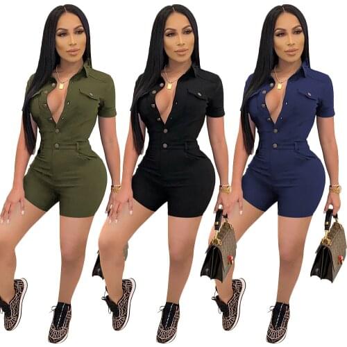 Womens Casual Solid Color Lapel Short-sleeved Single-breasted Jumpsuits Black Shorts Rompers 2021 Summer Clothes Playsuit