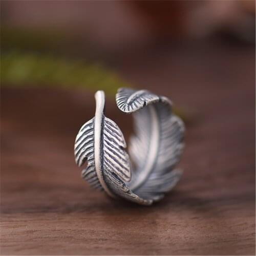 Genuine 925 Sterling Silver Female Vintage Simple Open Rings Feather Design Fashion Jewelry For Women Opening Adjustable Ring
