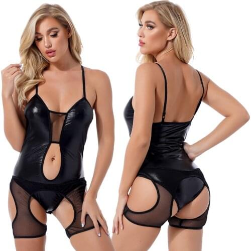 Women Lingerie Bodysuit See-through Mesh Leotard Romper Cutout Adjustable Shoulder Strap Catsuit Wetlook Patent Leather Jumpsuit