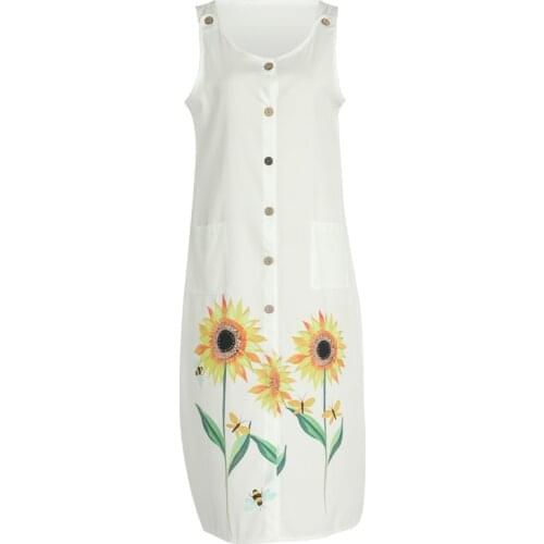 Womens Button Down Midi Dress Sleeveless V Neck Floral Print Loose Dress with Pockets