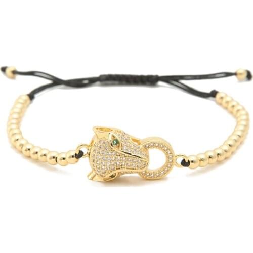 Gold silver micro pave cz Cubic Zirconia rope adjusted Copper Beads Bracelet Leopard head jg54 Charm Braided Bangles Women