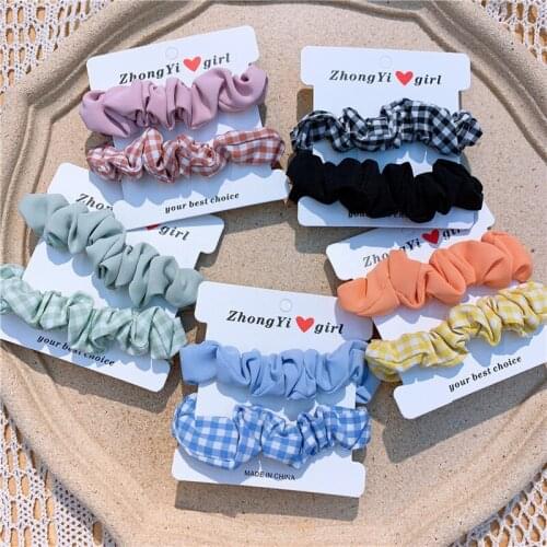 2 Pcs Korean Fashion Children Simple Plaid Fabric Large Intestine Hair Rope Sweet Girl Princess Ponytail Hair Accessories