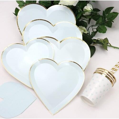 65Pcs/lot Blue heart-shaped Disposable Tableware Set Party Paper Plate Cup Wedding Decor Birthday Supplies gift Valentines Day