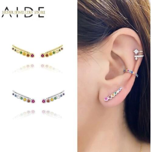 AIDE Colorful Round Zircon Row Stud Earrings for Women Geometric Pierced Back Hanging Ear Bone Clip Earings Silver 925 Jewelry