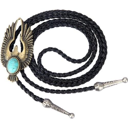 Turquoise Men Bolo Tie Vintage Leather Rope Sweater Chain Long Necklace Novelty Western Cowboy Bola Tie Males Kravat Accessories