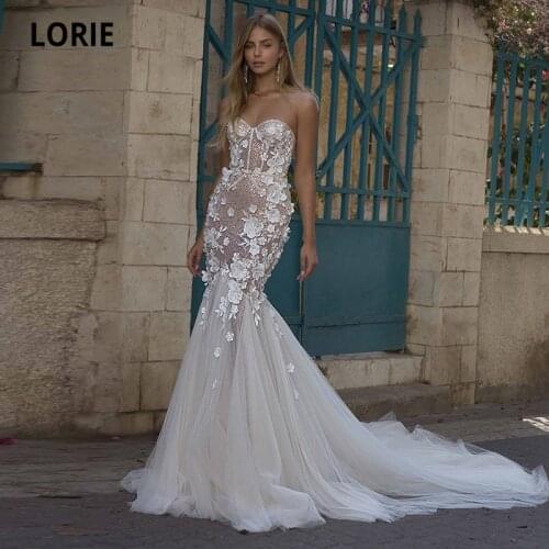 LORIE Glitter Wedding Dresses 2021 Sweetheart Sequined Light Champagne Lining Ivory 3D Flowers Mermaid Wedding Bridal Gown Boho