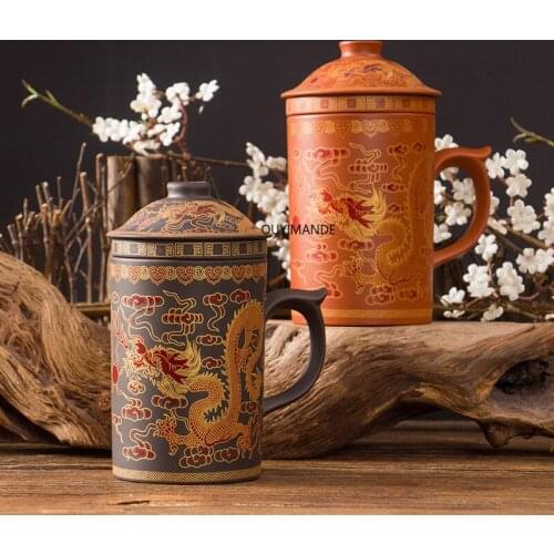 Retro Yixing Dragon Phenix Purple Clay Tea Mug with Lid and Infuser Handmade Ceramic Teacup Office Water Cup Gift Home Drinkware