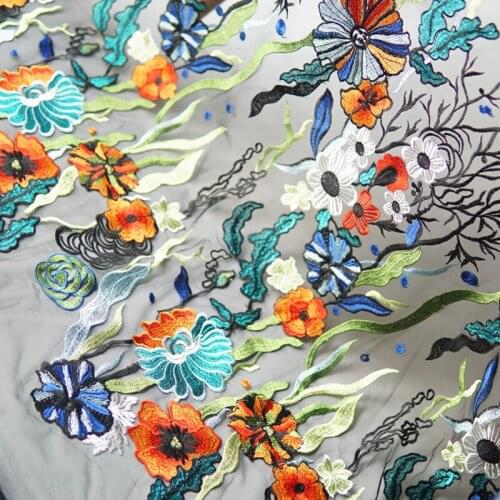 Black soft mesh gauze bottom waterweed flower embroidery dress clothes cloth lace designer fabrics for patchwork tablecloth