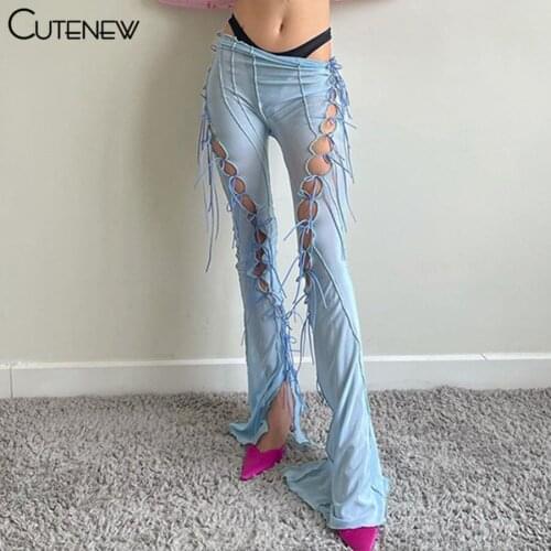 Cutenew Y2k Sexy See Through Hollow Out Bandage Flare Pants Women 2021 Solid Color Skinny Streetwear Summer Casual Lady Trousers