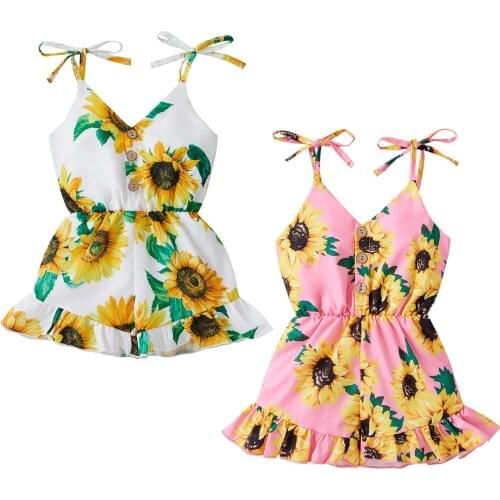 FOCUSNORM 0-3Y Summer Cute Baby Girls Jumpsuits Sunflowers Strapless Sleeveless V Neck Single Breasted Bowknot Belt Romper