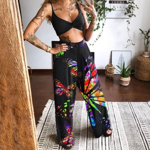 Summer Women Flower Butterfly Printed Athletic Top Pant 2 Piece Set Sleeveless Sexy Camis Wide Leg Pants Vetement Femme 2021 A40