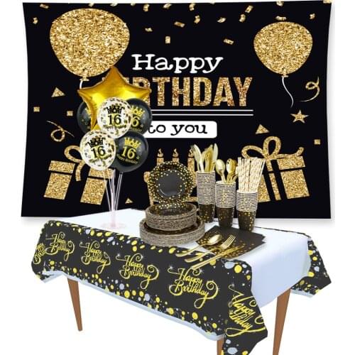 Amawill Happy Birthday Background Black Gold Disposable Tableware Balloon Holder For Adults 16 To 90 Air Balloons Tablecloth