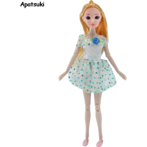 Blue Rose Polka Dress for Barbie Doll Clothes for 1/6 BJD Doll Cute Evening Party Dresses Baby Kid Toy Dollhouse Accessories