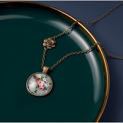 Retro Court Flower Time Gem Pendant Necklace Chain Necklaces Women Jewelry Mother gift SX-35