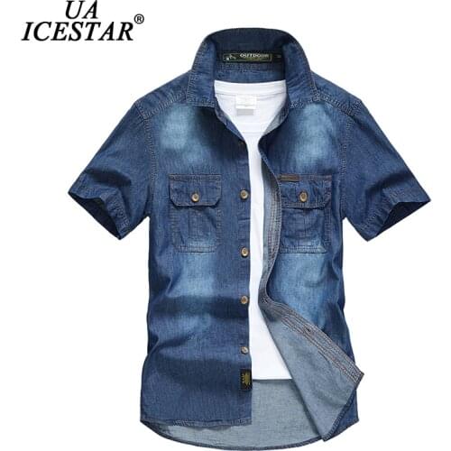 UAICESTAR Summer 100% Cotton Denim Short Sleeve Shirts Men Brand Fashion Casual Slim Shirts 2021 New High Quality Mens Shirts