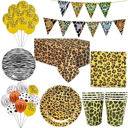 Safari Themed Party Decorations Leopard Tiger Zebra Print Foil Balloons Banner Disposable Tableware Kids Birthday Jungle Set