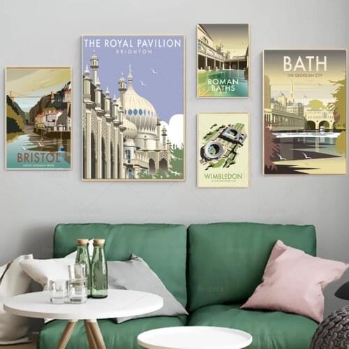 Scandinavian Cartoon Travel Landscape Canvas Painting Bath Brighton Wimbledon Poster Wall Art Picture Modern Living Room Decor