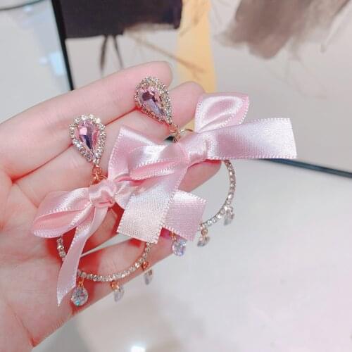 Korean Luxury Elegant Yarn Bowknot Heart Crystal Long Tassel Drop Earrings For Women Girls Holiday Party Jewelry