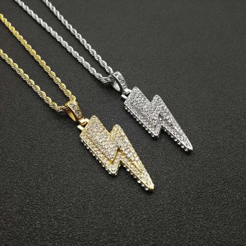 Hip Hop Bling Iced Out Rhinestones Gold Silver Color Stainless Steel Lightning Pendants Necklace for Men Rapper Jewelry