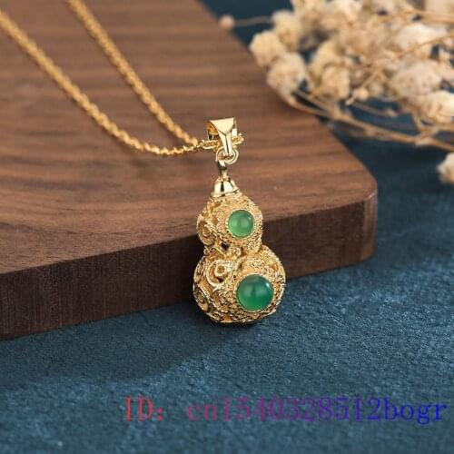 Green Jade Gourd Pendant Crystal 925 Silver Jewelry Women Chinese Chalcedony Gemstone Gifts Natural Fashion Zircon Necklace