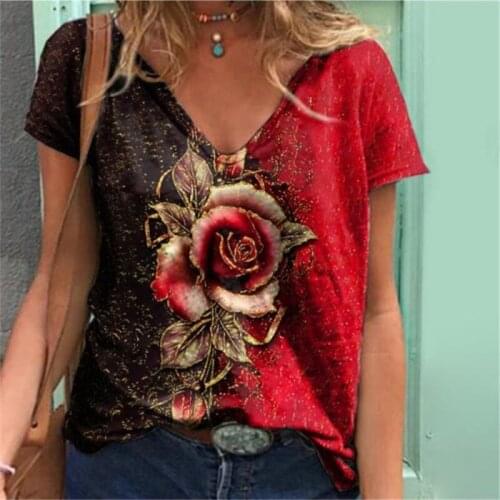Fashion Color Patchwork Summer Short Sleeve Oversized T-Shirt Women Pullover 2021 Floral Tee Shirt Femme V Neck Tee Tops Cotton